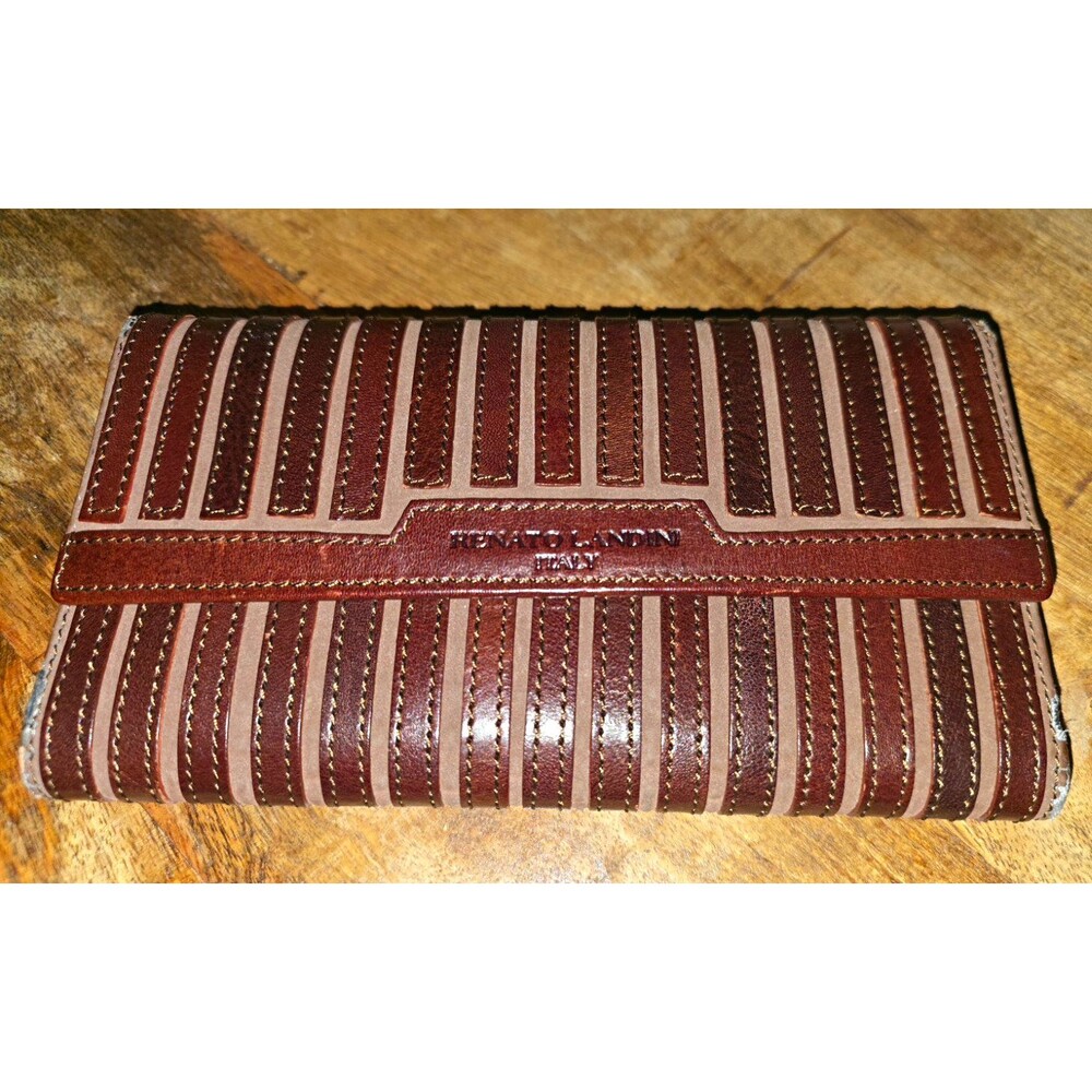 Vintage Renato Landini Striped Leather Folding Wallet, Brown Snap, ID, Cards